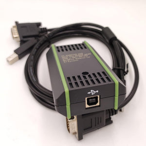 PLC MPI/DP/PPI Programming Cable for Siemens S7 200/300/400 S7-200 S7-300 S7-400 6ES7 972-0CB20-0XA0 USB-MPI+ PC USB-PPI,USB/MPI PC Adapter USB Cable - black and green adapter with a USB port and attached cables with a DB9 connector and USB connector.