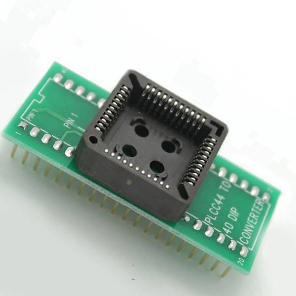 PLCC44 To DIP40 Programmer Adapter Socket - a green circuit board with a black PLCC44 socket mounted on top and two rows of DIP40 pins underneath.