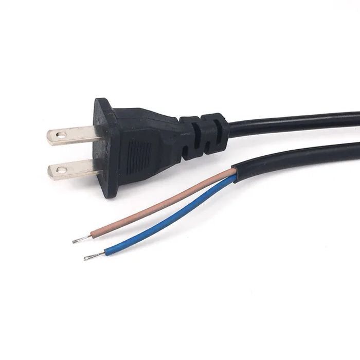 Plug Power Cord Adapter - a black two-prong wall plug attached to a black cable with exposed blue and brown insulated wire ends.