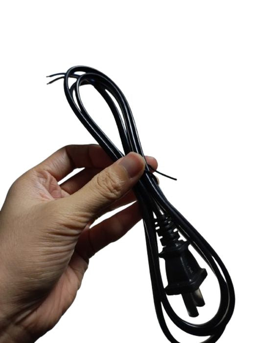 Plug Power Cord Adapter - shown as a black two-prong power cable held in a hand, featuring exposed wire ends and a standard plug connector.