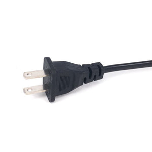 Plug Power Cord Adapter - a close-up of a black two-prong electrical plug attached to a black power cable against a white background.