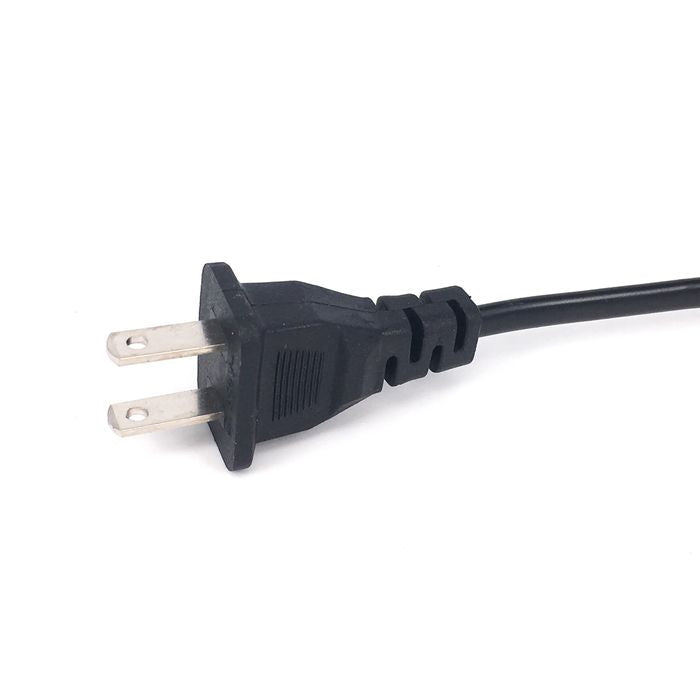 Plug Power Cord Adapter - a close-up of a black two-prong electrical plug attached to a black power cable against a white background.