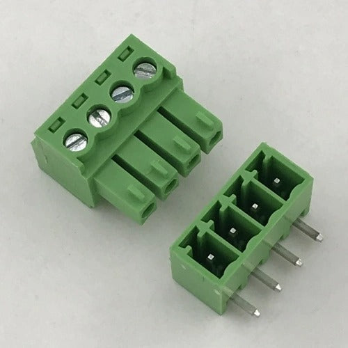 Pluggable Terminal Block 4 Pin Pitch 3.81mm - a green four-pin female connector with screw terminals and its corresponding male header pin base.