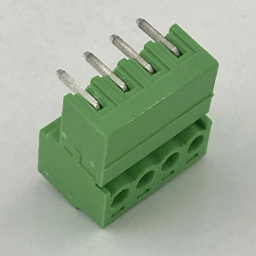 Pluggable Terminal Block 4 Pin Pitch 3.81mm - shown as a green, four-position connector with metal pins on top and wire entry holes on the front.