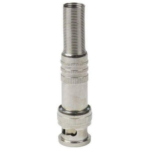 Pni Male BNC Connector Jack - a silver-coloured metal BNC connector with a cylindrical, threaded spring-style cable strain relief at the top.