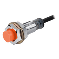 PNP PR12-4dp Inductive Proximity Sensor - a cylindrical metal sensor with an orange plastic tip, threaded body, two mounting nuts, and a black cable.