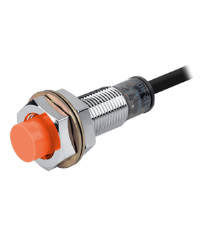 PNP PR12-4dp Inductive Proximity Sensor - a cylindrical metal sensor with an orange plastic tip, threaded body, two mounting nuts, and a black cable.