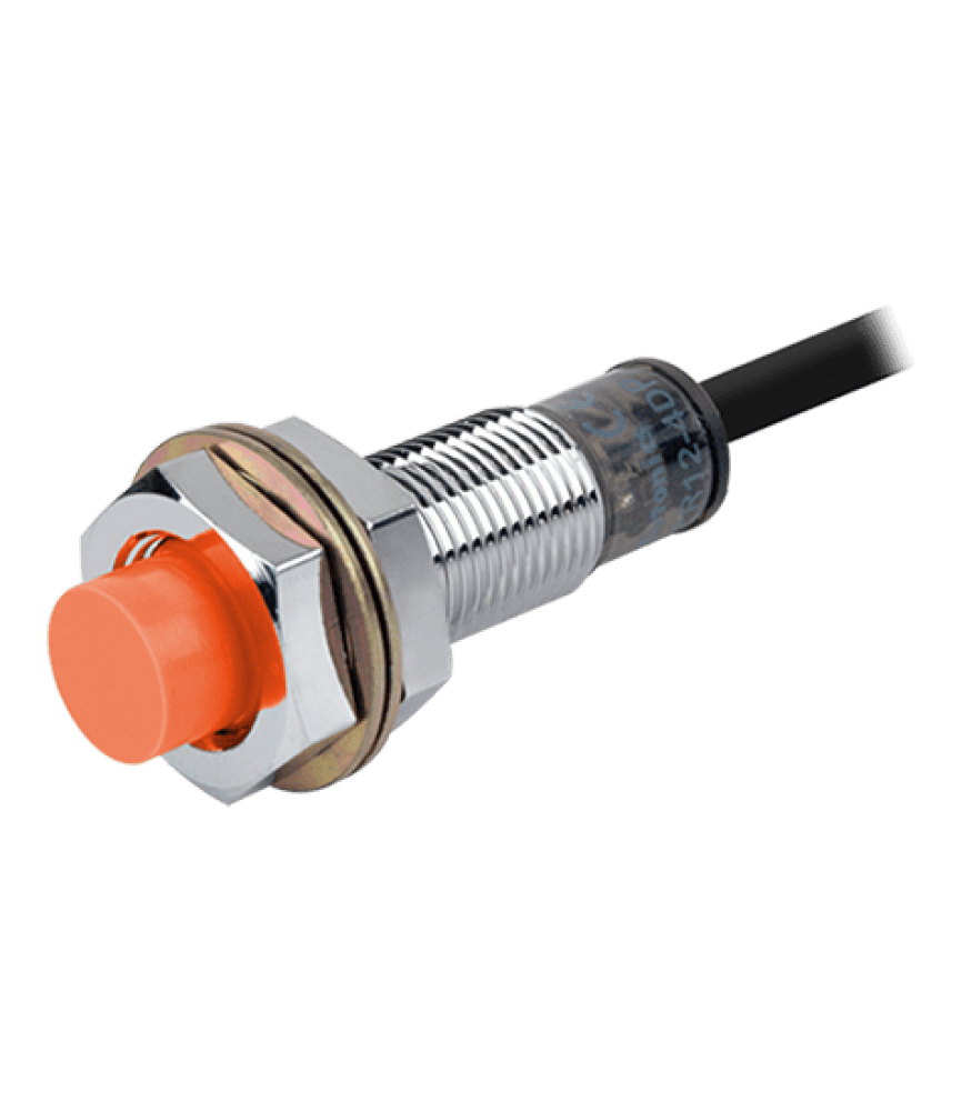 PNP PR12-4dp Inductive Proximity Sensor - a cylindrical metal sensor with an orange plastic tip, threaded body, two mounting nuts, and a black cable.