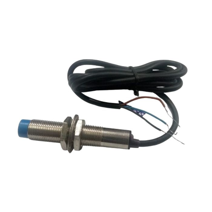 PNP Proximity Sensor - shown as a cylindrical metal sensor with a blue tip, two mounting nuts, and a black three-wire cable.