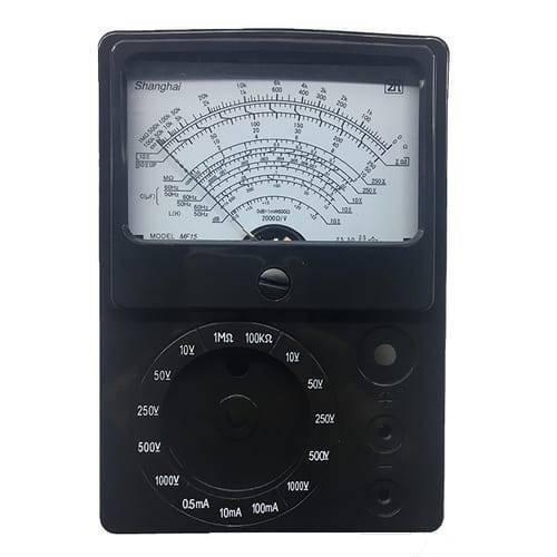 Pocket Size Analog Multimeter MF15 Digital Avometer Universal Meter - a black device with a large analog display, a central circular range selection knob, and three input ports.