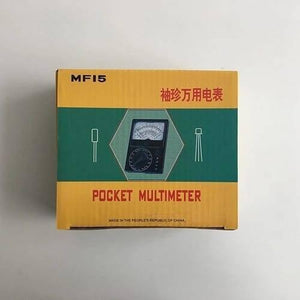 Pocket Size Analog Multimeter MF15 Digital Avometer Universal Meter - shown in its yellow and green cardboard packaging box with an illustration of the analog meter on the front.
