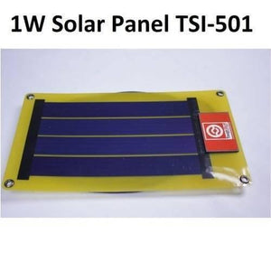 Portable 1W Mini Tough Stuff Solar Panel TSI 501 - a rectangular solar panel with a yellow border, blue cells, and a red brand logo on a white background.