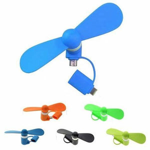 Portable 2 In 1 Mini USB Fan For Phone Mix Color - a blue two-blade fan with a dual-connector base, alongside five other units in orange, green, and black.