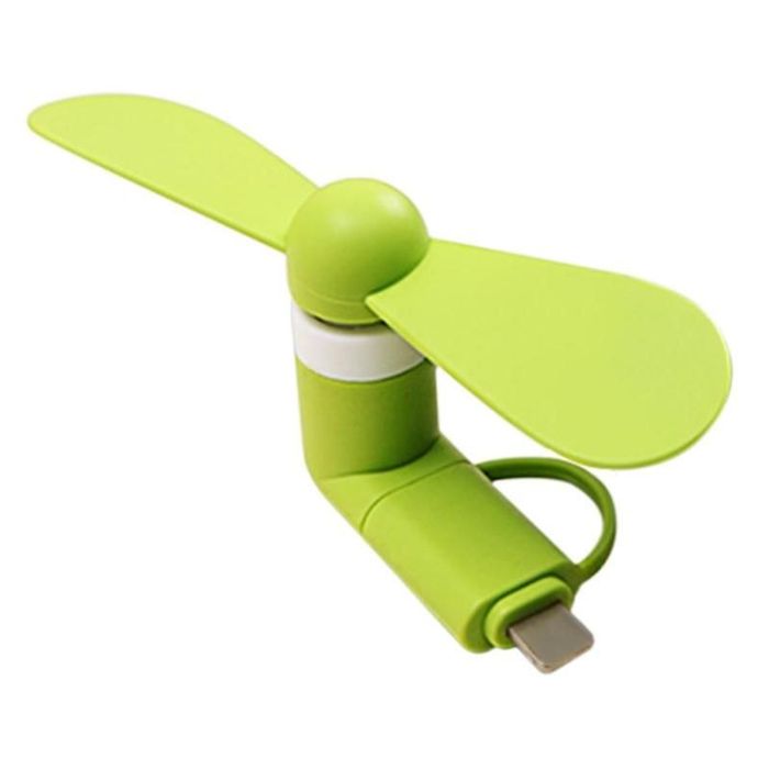 Portable 2 In 1 Mini USB Fan For Phone Mix Color - a lime green, two-blade mini fan with a white connector base and a lightning-style charging plug.