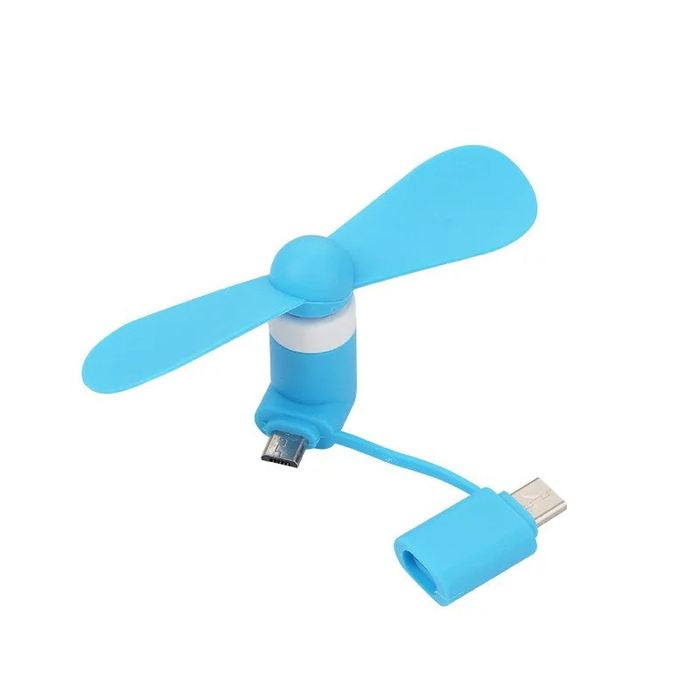 Portable 2 In 1 Mini USB Fan For Phone Mix Color - a blue two-blade fan with a micro-USB connector and a detachable USB-C adapter on a short cable.