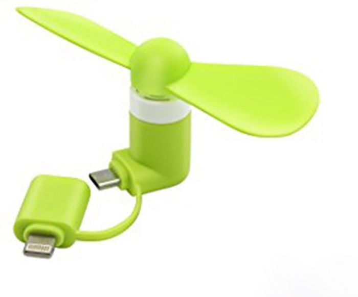 Portable 2 In 1 Mini USB Fan For Phone Mix Color - a lime green two-blade fan with a USB-C connector and an attached Lightning adapter.