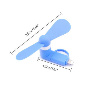 Portable 2 In 1 Mini USB Fan For Phone Mix Color - shown as a blue two-blade fan with a Lightning connector and dimension labels in centimeters and inches.