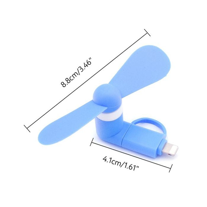 Portable 2 In 1 Mini USB Fan For Phone Mix Color - shown as a blue two-blade fan with a Lightning connector and dimension labels in centimeters and inches.