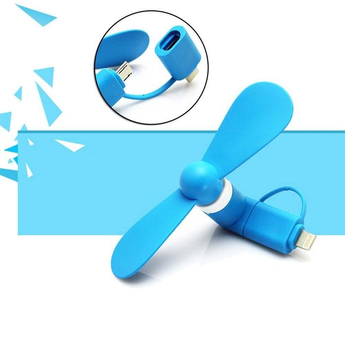 Portable 2 In 1 Mini USB Fan For Phone Mix Color - shown as a blue two-blade fan with a detachable lightning connector and a micro-USB port accessory.