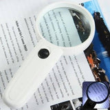 Portable 65mm 4x Handheld Magnifier With High-quality Magnifying Glass LED Lights Mg6b-4 - white frame and black power button, shown resting on a printed page with an inset showing the LED light on.