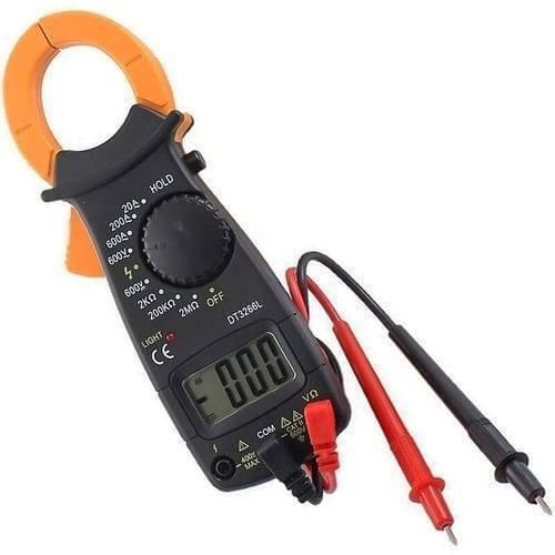Portable Handheld Digital Clamp Meter DT3266L AC DC Multimeter Voltage Current Resistance Tester - in black and orange, featuring a rotary dial, LCD screen displaying 000, and connected red and black test leads.