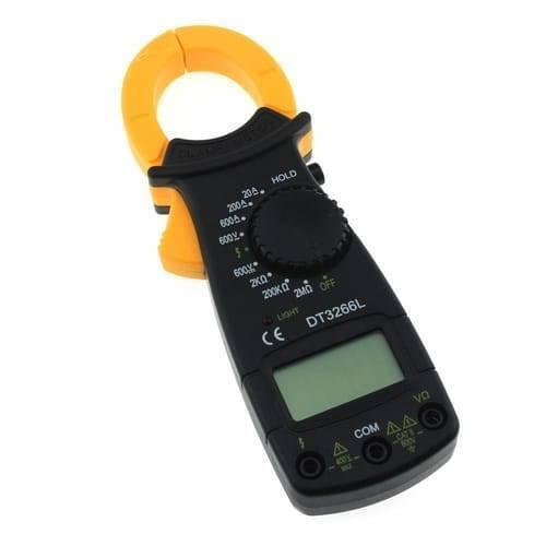 Portable Handheld Digital Clamp Meter DT3266L AC DC Multimeter Voltage Current Resistance Tester - a black and yellow handheld device with a rotary dial, LCD screen, and three input ports at the bottom.