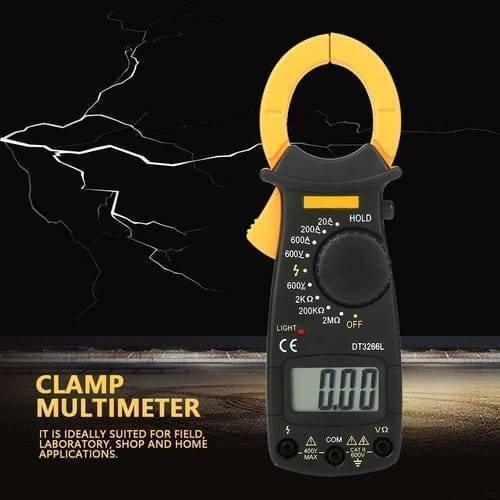 Portable Handheld Digital Clamp Meter DT3266L AC DC Multimeter Voltage Current Resistance Tester - a black and yellow handheld device with a rotary dial, digital display reading 0.00, and three input ports at the base.
