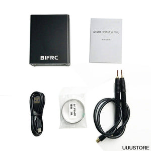Portable Handheld Pulse Spot Welder Pen DH20 Pro+ 18650 3.7V USB And b Spot Welding Machine - kit including a black control unit, user manual, USB charging cable, nickel strip roll, and welding pens.