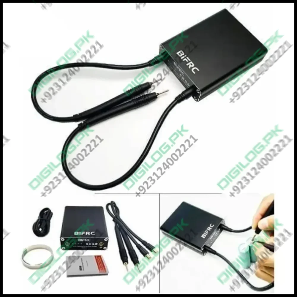 Portable Handheld Pulse Spot Welder Pen DH20 Pro+ 18650 3.7V USB And b Spot Welding Machine - the black main unit, welding pens, cables, nickel strip, and its use on a battery cell.