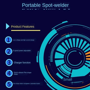 Portable Handheld Pulse Spot Welder Pen DH20 Pro+ 18650 3.7V USB And b Spot Welding Machine - graphic showing five numbered points listing product specifications on a dark blue background.