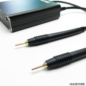 Portable Handheld Pulse Spot Welder Pen DH20 Pro+ 18650 3.7V USB And b Spot Welding Machine - two black welding pens with copper tips and a metallic power unit with side ports.