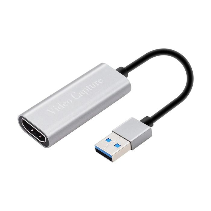 Portable HD 1080P HDMI-compatible Video Capture Card USB 3.0 4k Video - a silver HDMI to USB 3.0 adapter with a short black cable.