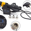 Portable Hot Air Station KD-887DS - the black handheld unit, base with digital display, three metal nozzles, and a power plug.