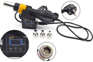 Portable Hot Air Station KD-887DS - the black handheld unit, base with digital display, three metal nozzles, and a power plug.