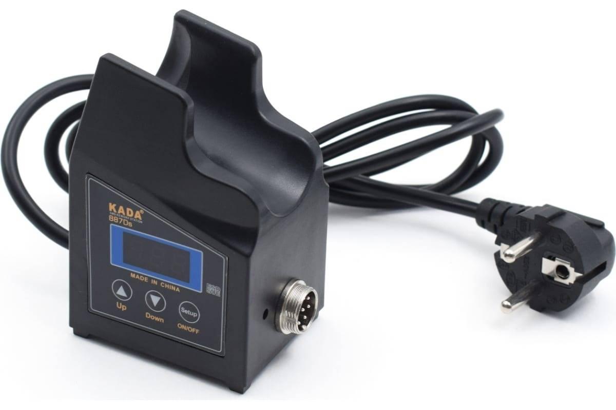 Portable Hot Air Station KD-887DS - a black desktop unit with a cradle, digital display, three control buttons, a side connector port, and a power cable.