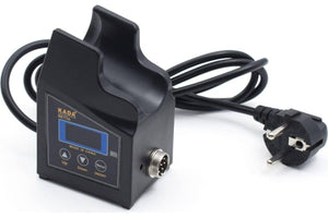 Portable Hot Air Station KD-887DS - a black desktop unit with a cradle, digital display, three control buttons, a side connector port, and a power cable.