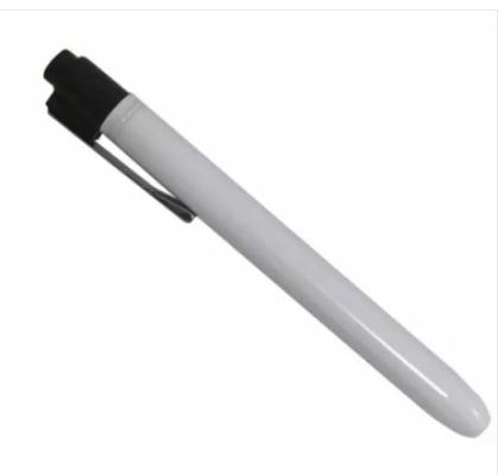 Portable Medical Krypton Bulbs or LED Penlight - a white cylindrical body with a black cap and a silver metal pocket clip.