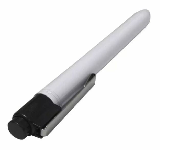 Portable Medical Krypton Bulbs or LED Penlight - a white cylindrical body, a black end cap with a push-button, and a silver-coloured metal pocket clip.
