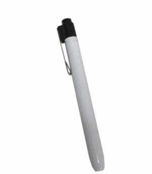 Portable Medical Krypton Bulbs or LED Penlight - a white cylindrical penlight with a black cap and a metal pocket clip.