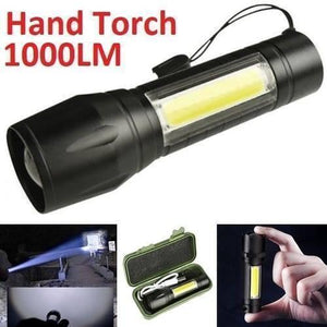Portable Mini 2 In 1 LED Flasht Light 1000 Lumens 3modes USB Rechargeable LED Torch Light - a black body with a side COB light, shown with its green storage case, USB cable, and hand-held size.