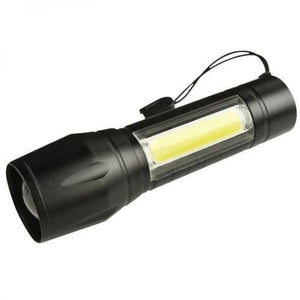 Portable Mini 2 In 1 LED Flasht Light 1000 Lumens 3modes USB Rechargeable LED Torch Light - a black cylindrical handheld torch featuring a front lens and a side-mounted rectangular COB light panel with a lanyard.