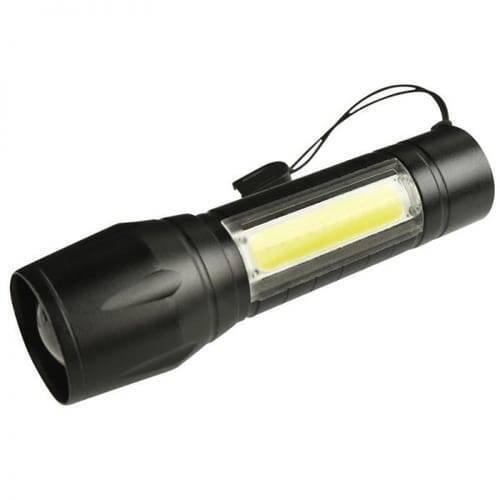 Portable Mini 2 In 1 LED Flasht Light 1000 Lumens 3modes USB Rechargeable LED Torch Light - a black cylindrical handheld torch featuring a front lens and a side-mounted rectangular COB light panel with a lanyard.