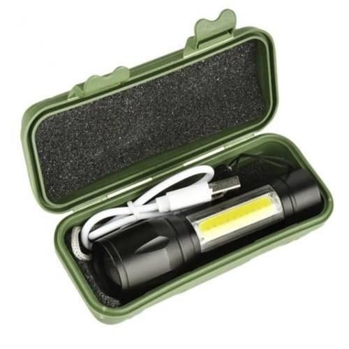 Portable Mini 2 In 1 LED Flasht Light 1000 Lumens 3modes USB Rechargeable LED Torch Light - shown inside an open green plastic storage case with a white USB charging cable.