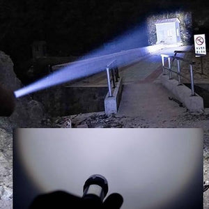 Portable Mini 2 In 1 LED Flasht Light 1000 Lumens 3modes USB Rechargeable LED Torch Light - a handheld torch emitting a bright beam of light toward a building at night, with a close-up inset view.