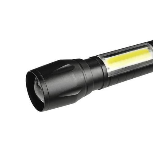 Portable Mini 2 In 1 LED Flasht Light 1000 Lumens 3modes USB Rechargeable LED Torch Light - a close-up view of the black cylindrical body showing the front lens and the side-mounted rectangular COB LED panel.