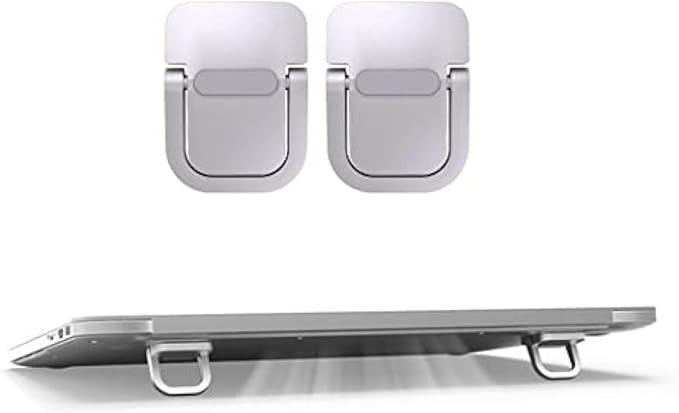 Portable Mini Aluminium Laptop Stand Pair (Foldable Feet) - two silver foldable feet above a laptop base with the feet attached to the underside.