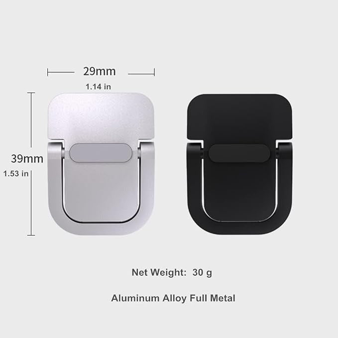 Portable Mini Aluminium Laptop Stand Pair (Foldable Feet) - a silver and a black foldable metal stand with dimension labels in millimeters and inches.