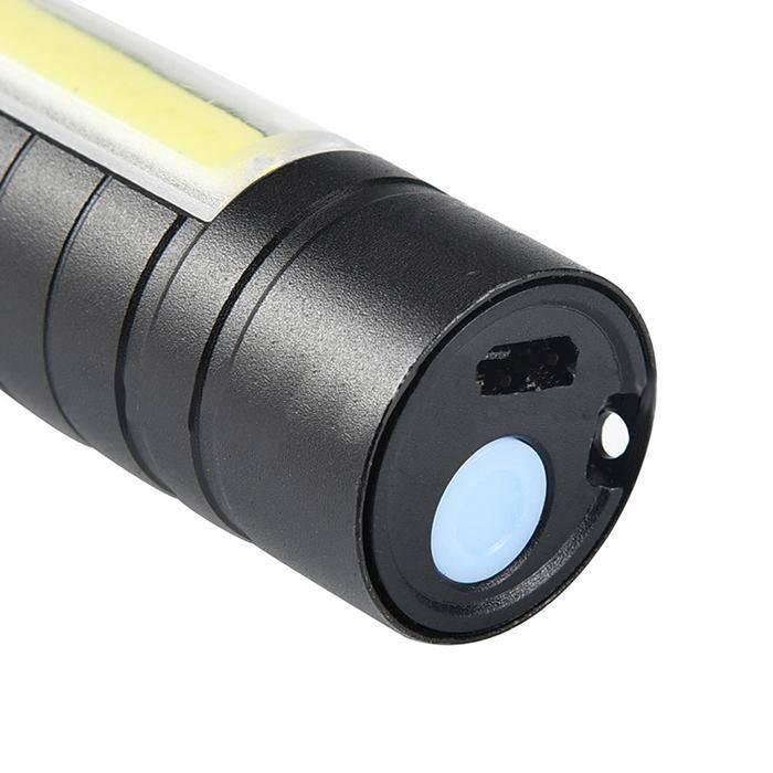 Portable Mini Telescopic Zoom Xpe COB LED Main Light White Light - close-up of the black cylindrical base showing a blue power button and a charging port.