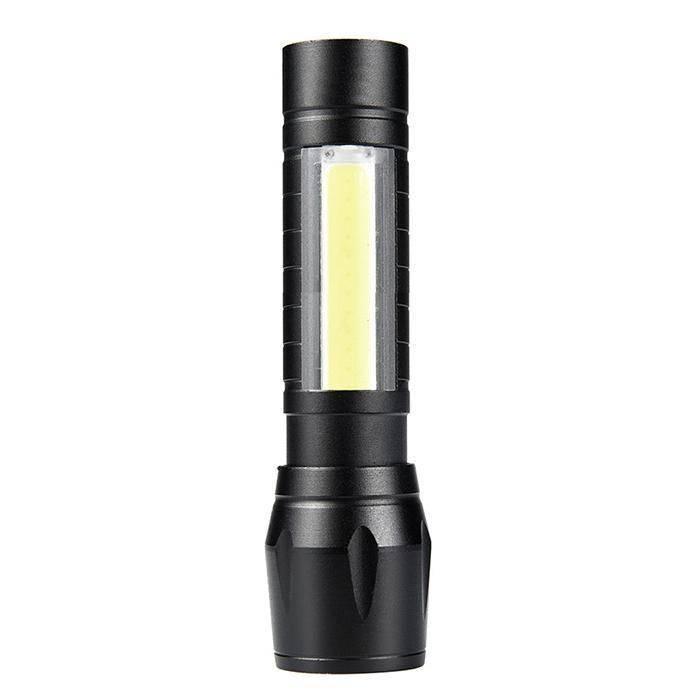 Portable Mini Telescopic Zoom Xpe COB LED Main Light White Light - a black cylindrical flashlight featuring a rectangular COB LED panel on its side.