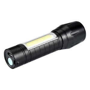 Portable Mini Telescopic Zoom Xpe COB LED Main Light White Light - a black handheld flashlight featuring a side COB light panel, a rear power button, and a charging port.